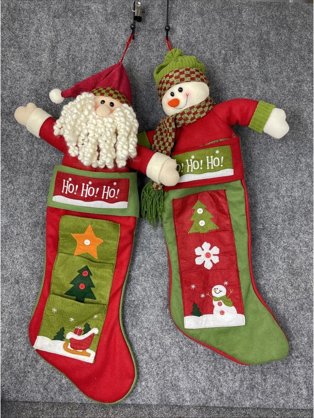 Christmas Stocking Set Of Two 3D Multiple Pockets Snowman Santa Ho Ho Ho